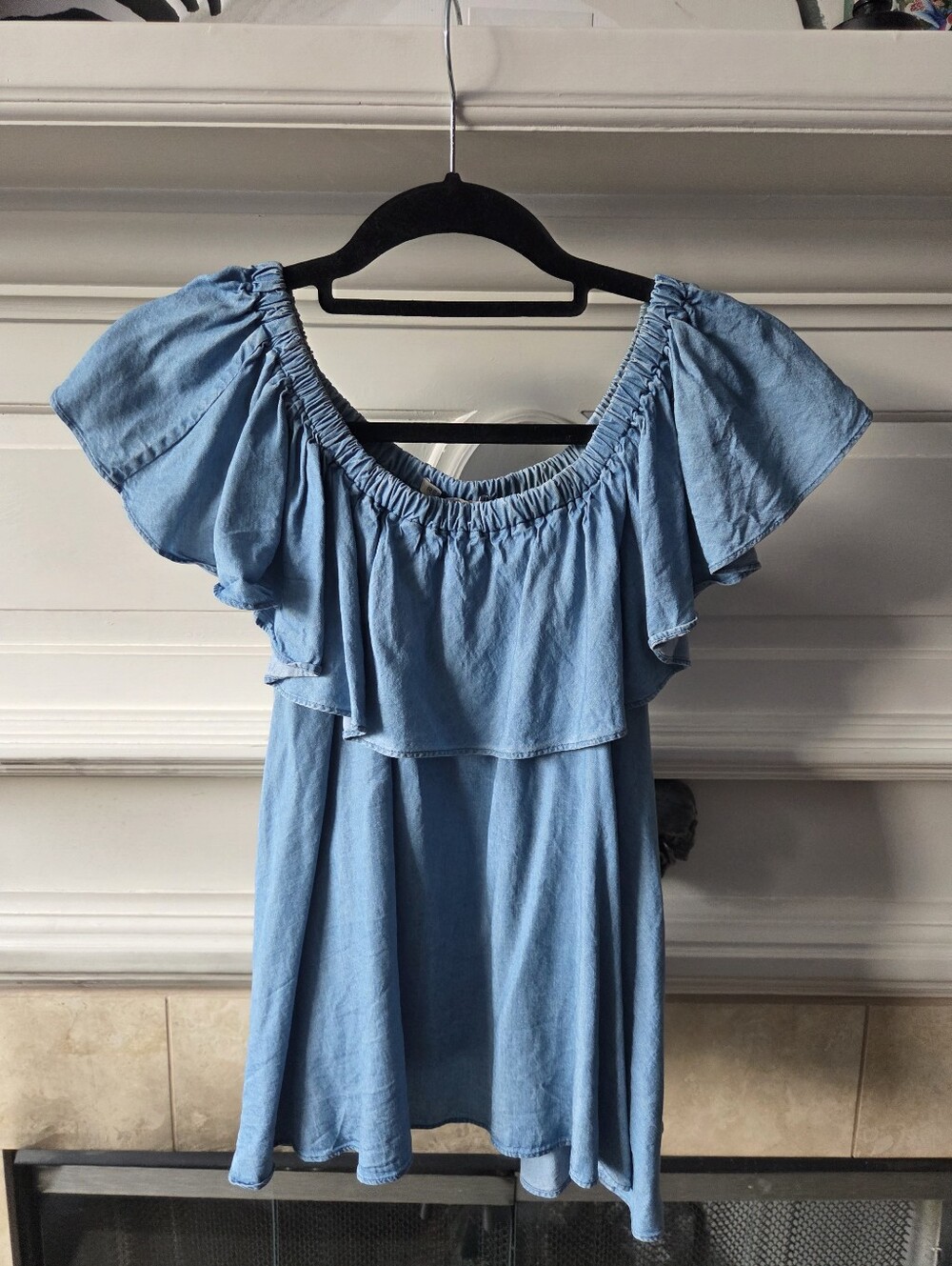 Chambray Off Shoulder Ruffle Top 100% Cotton Blue XS Rebecca Minkoff